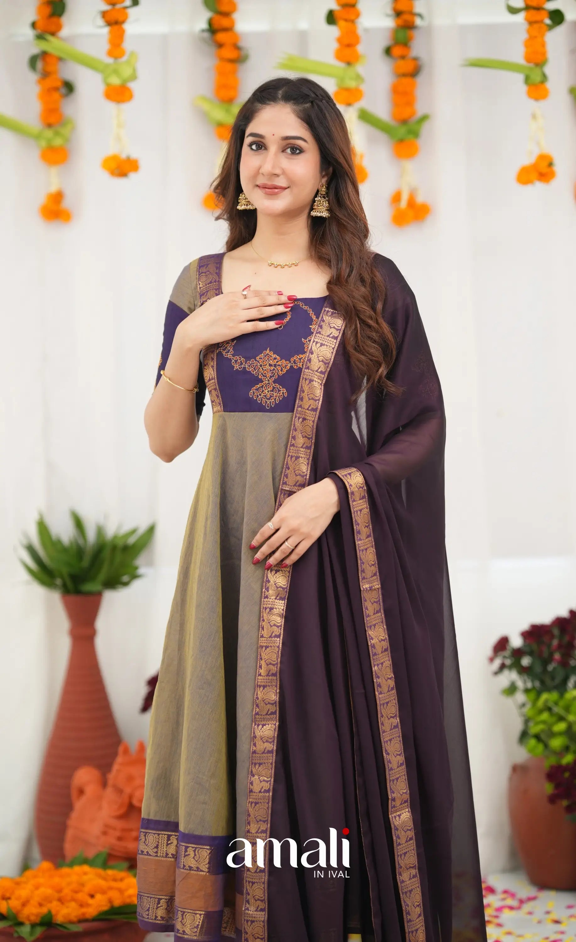 Chettinad Cotton Anarkali - Brownish Grey and Dark Plum Anarkalis