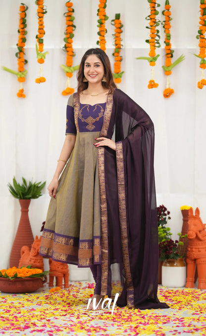 Chettinad Cotton Anarkali - Brownish Grey and Dark Plum Anarkalis