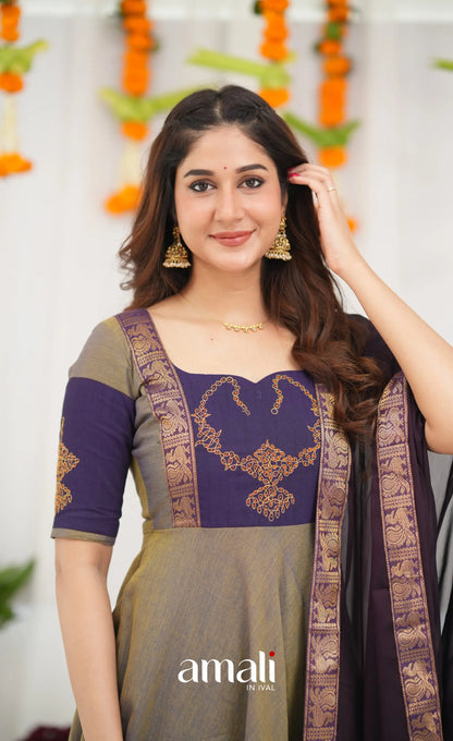 Chettinad Cotton Anarkali - Brownish Grey and Dark Plum Anarkalis