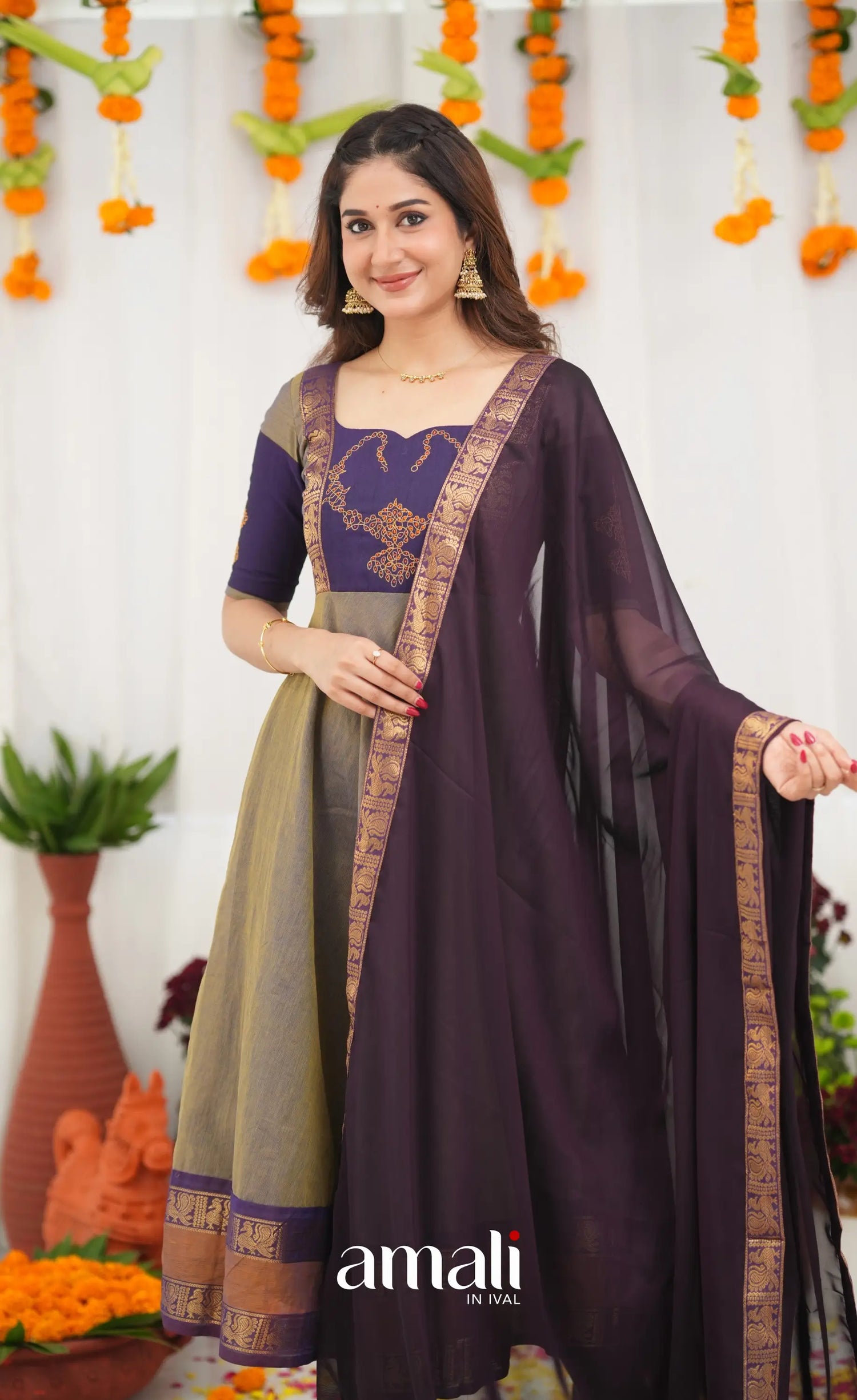 Chettinad Cotton Anarkali - Brownish Grey and Dark Plum Anarkalis