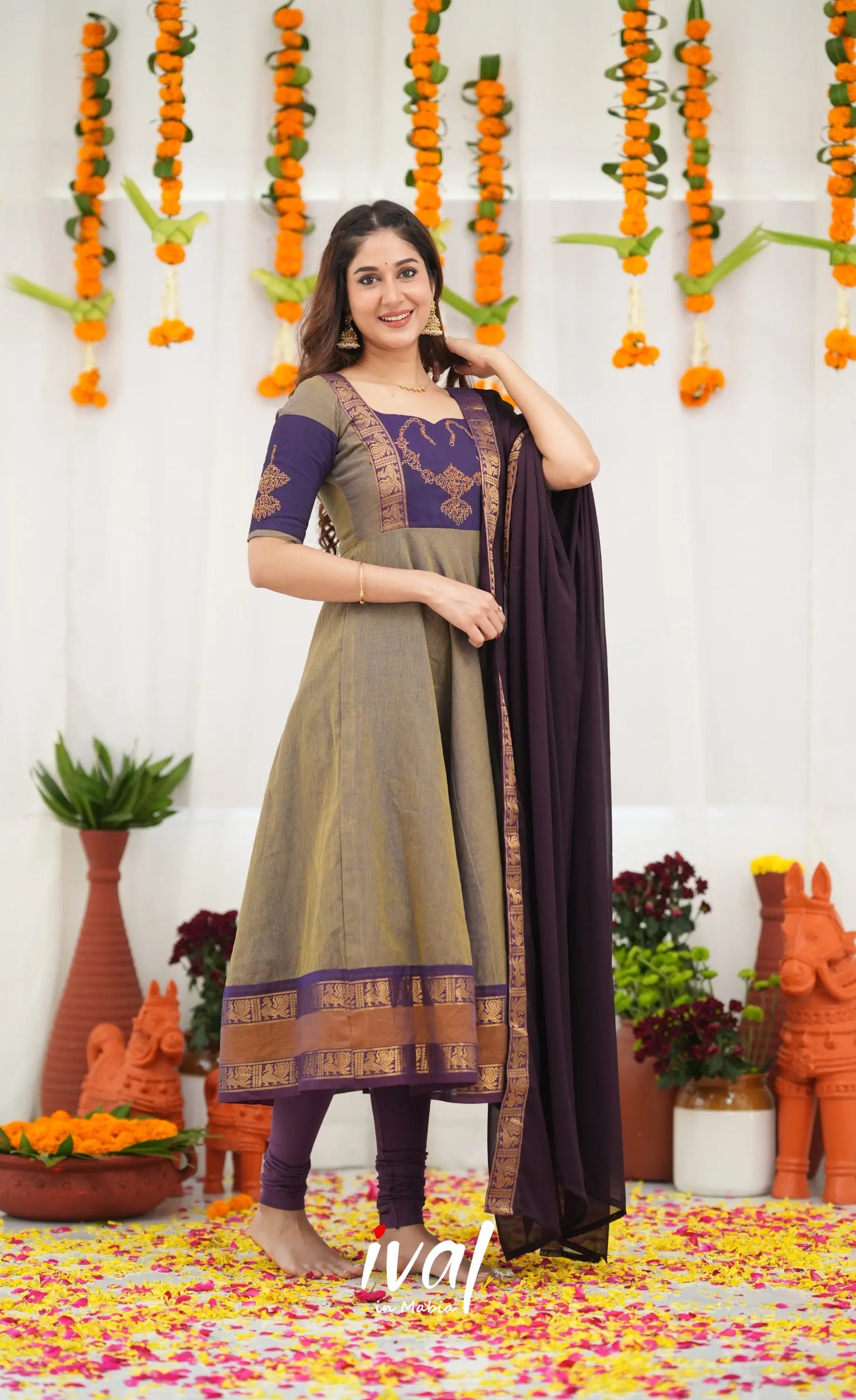 Chettinad Cotton Anarkali - Brownish Grey and Dark Plum Anarkalis