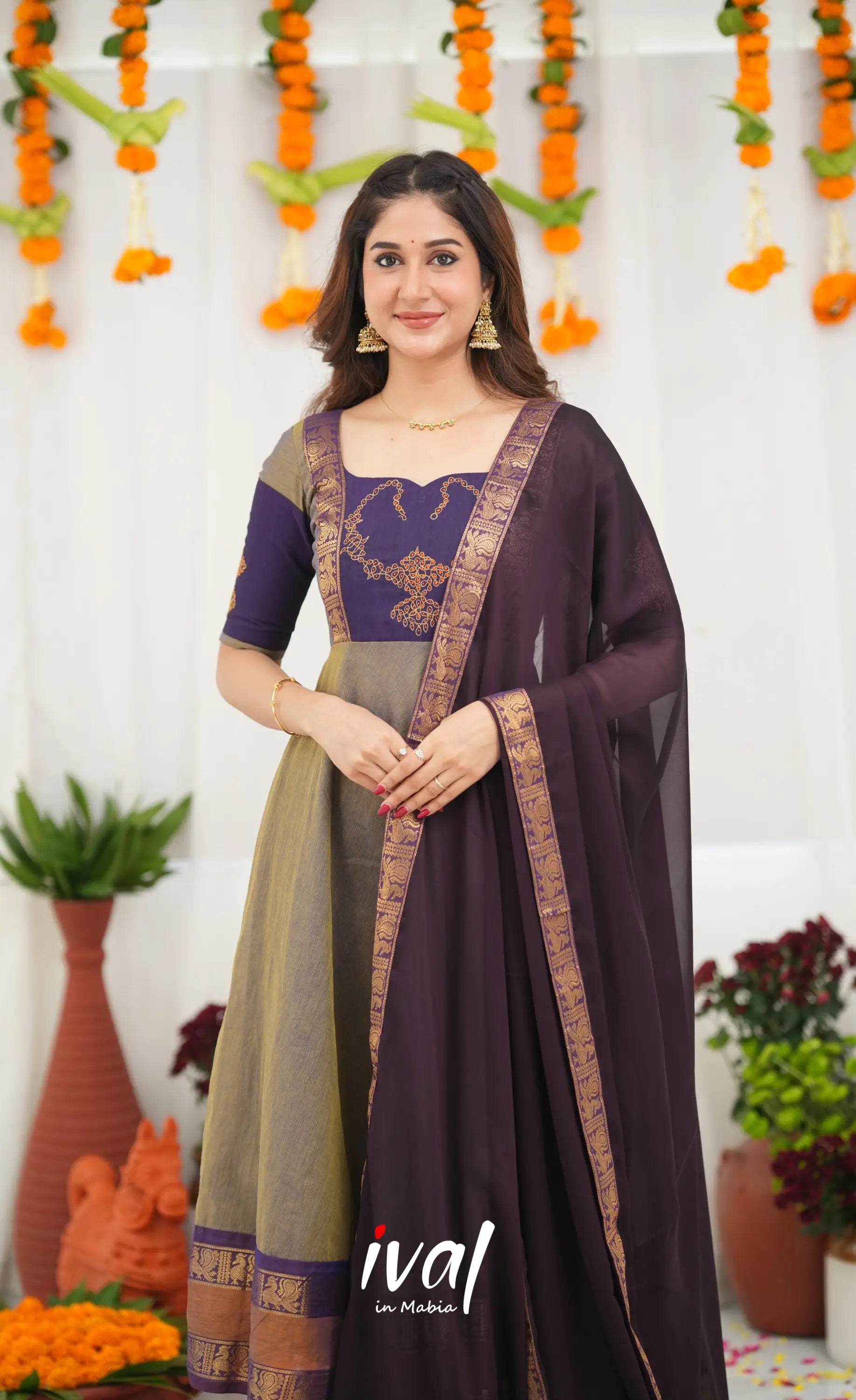 Chettinad Cotton Anarkali - Brownish Grey and Dark Plum Anarkalis