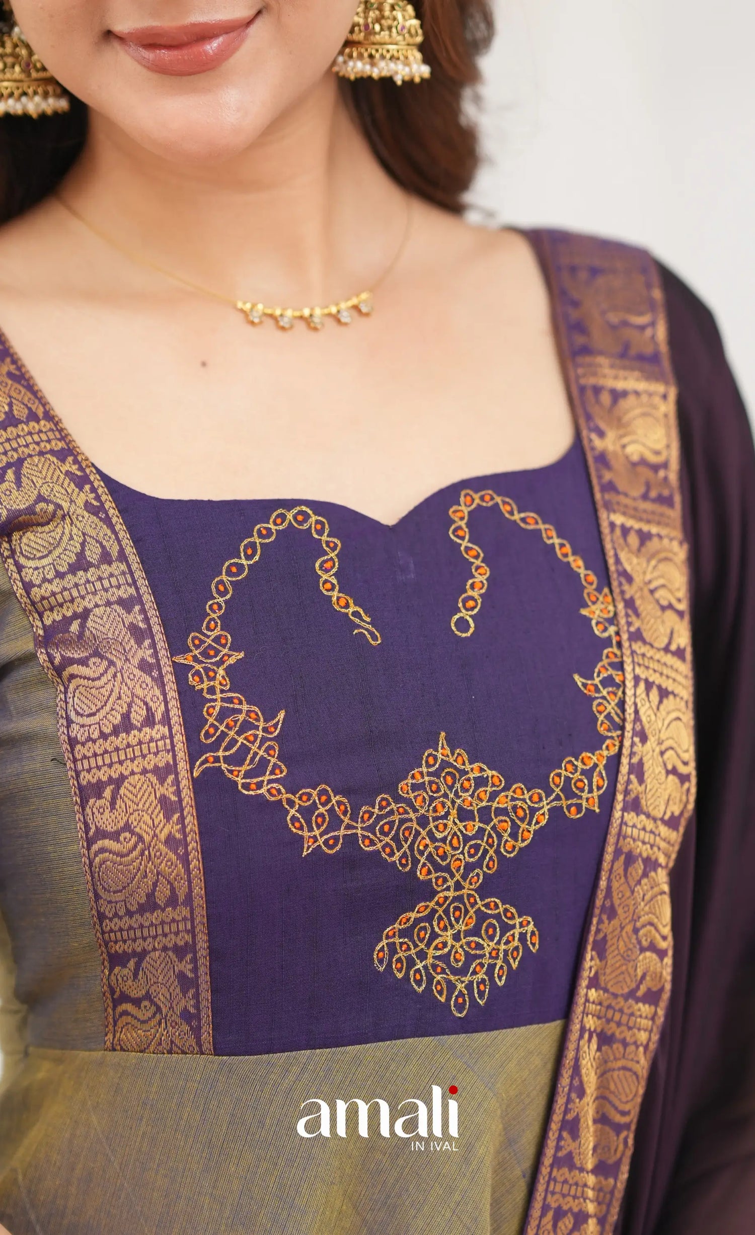 Chettinad Cotton Anarkali - Brownish Grey and Dark Plum Anarkalis