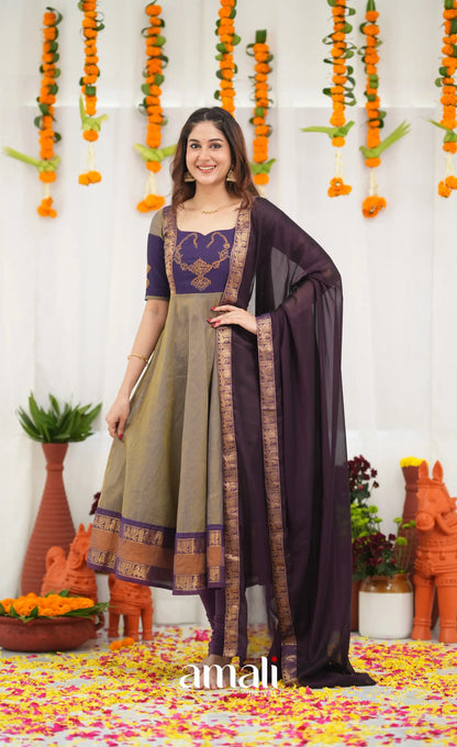 Chettinad Cotton Anarkali - Brownish Grey and Dark Plum Anarkalis