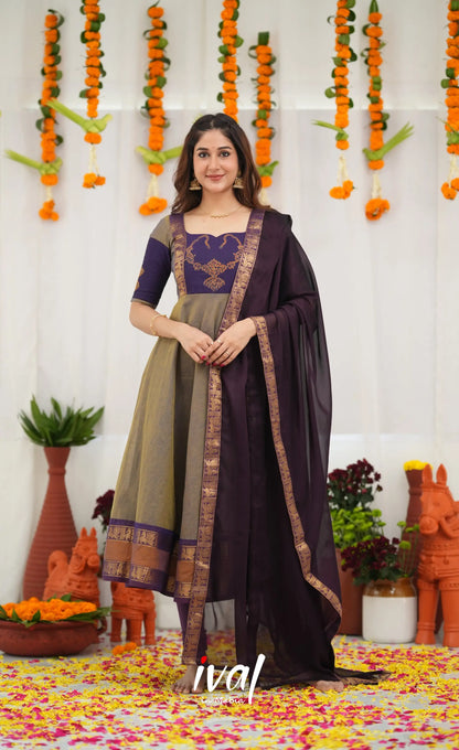 Chettinad Cotton Anarkali - Brownish Grey and Dark Plum Anarkalis
