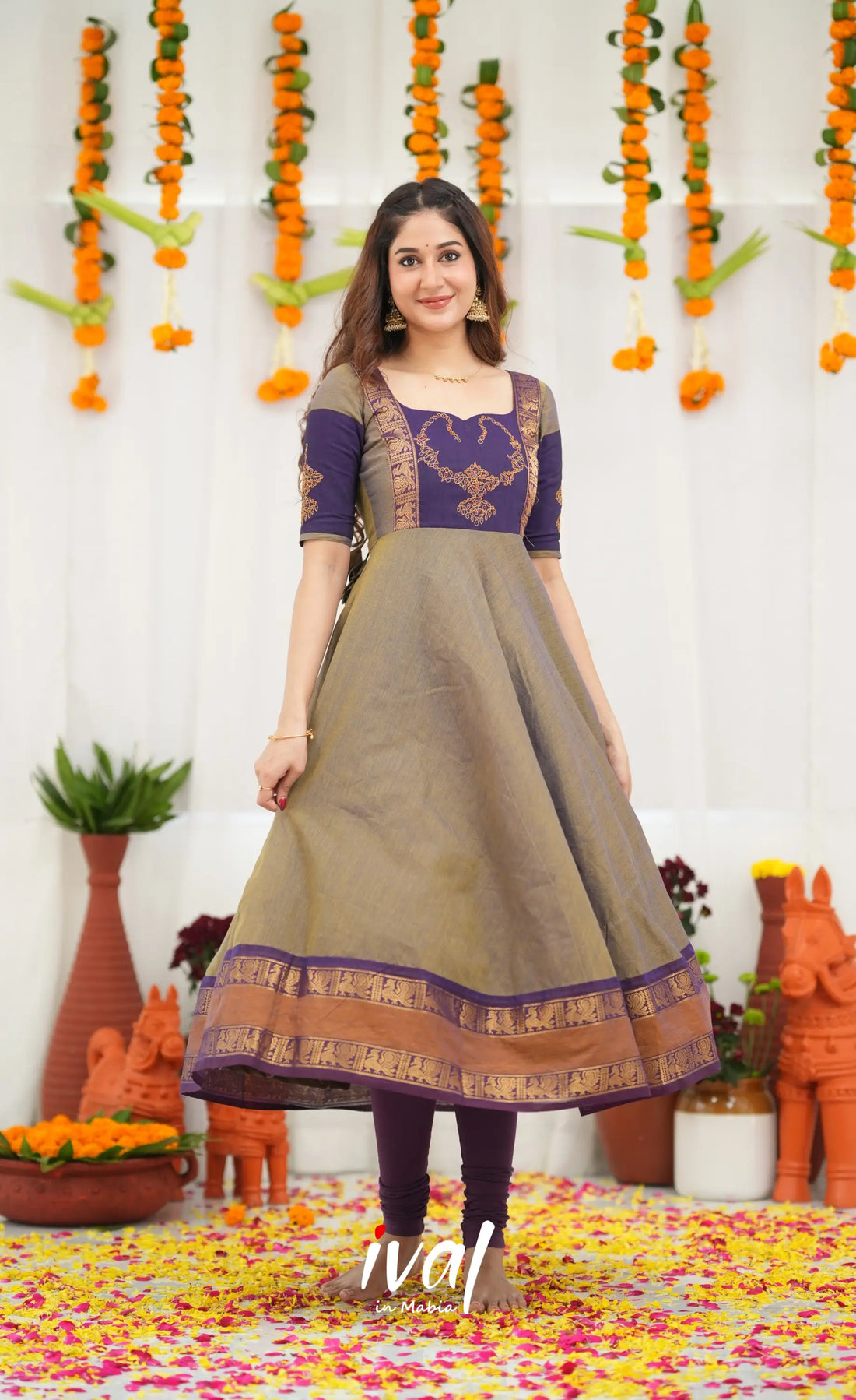 Chettinad Cotton Anarkali - Brownish Grey and Dark Plum Anarkalis