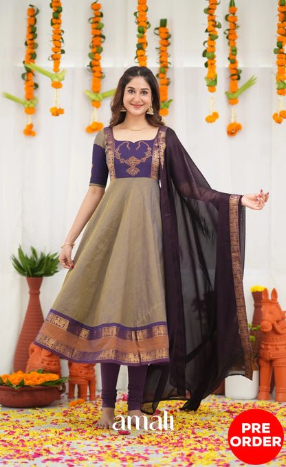 Chettinad Cotton Anarkali - Brownish Grey and Dark Plum Anarkalis