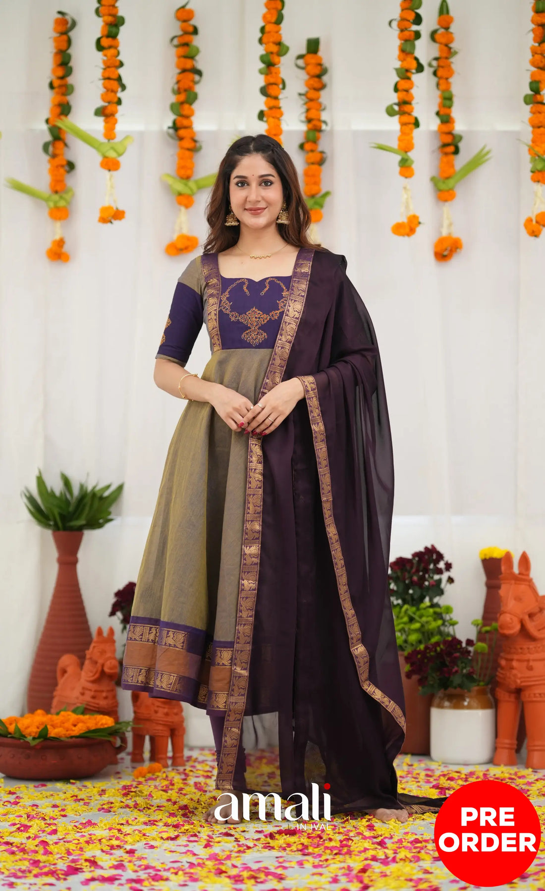 Chettinad Cotton Anarkali - Brownish Grey and Dark Plum Anarkalis