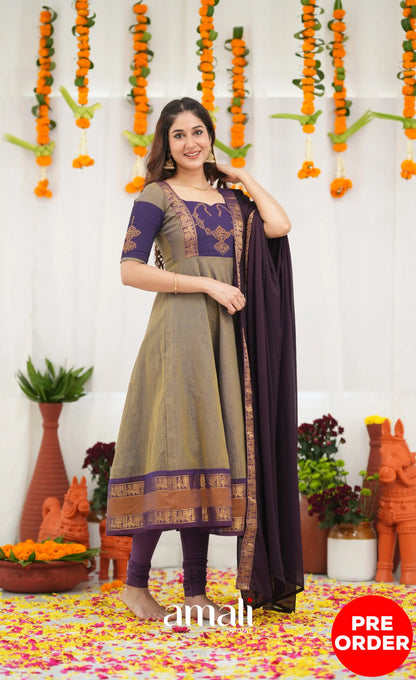 Chettinad Cotton Anarkali - Brownish Grey and Dark Plum Anarkalis