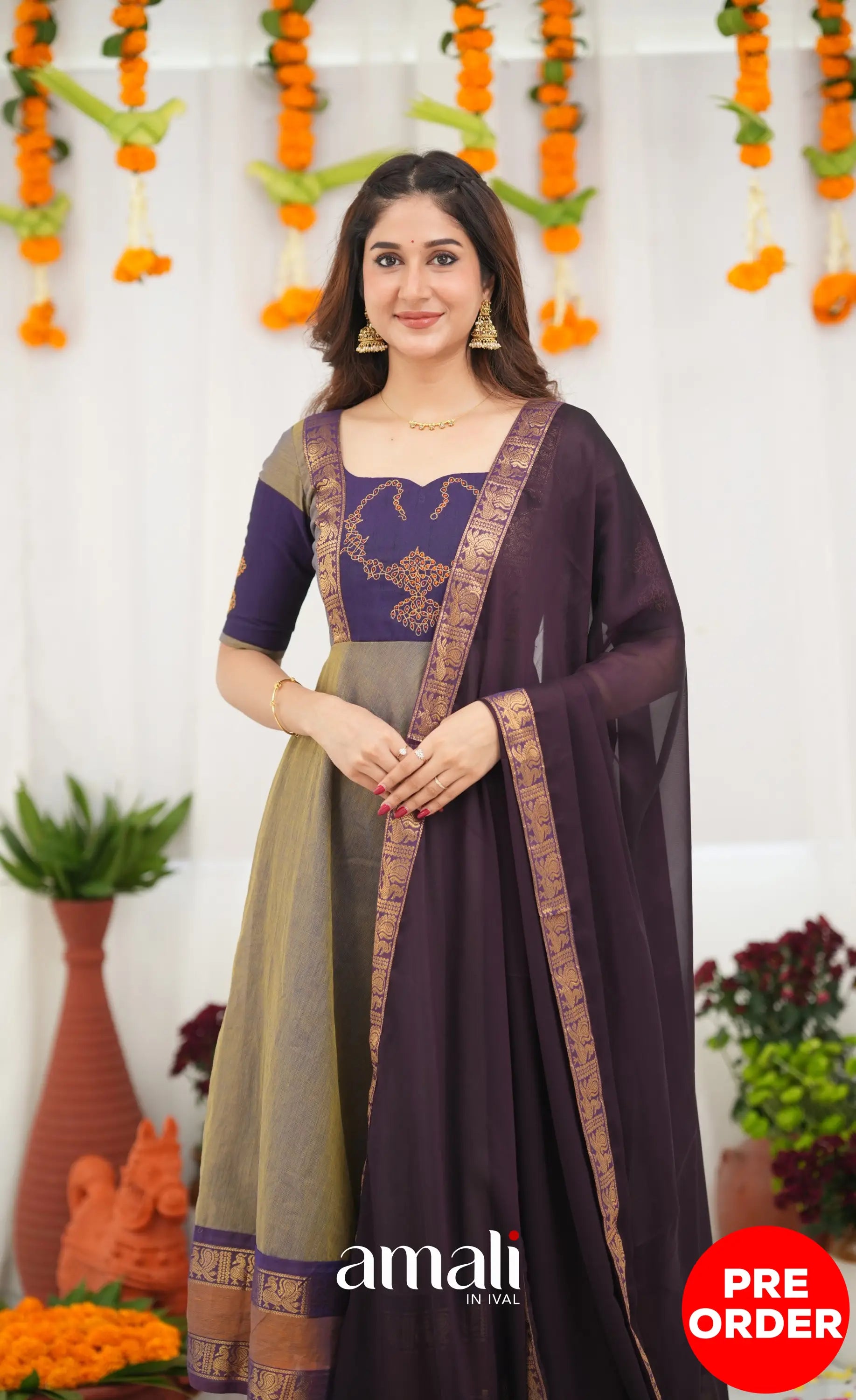 Chettinad Cotton Anarkali - Brownish Grey and Dark Plum Anarkalis