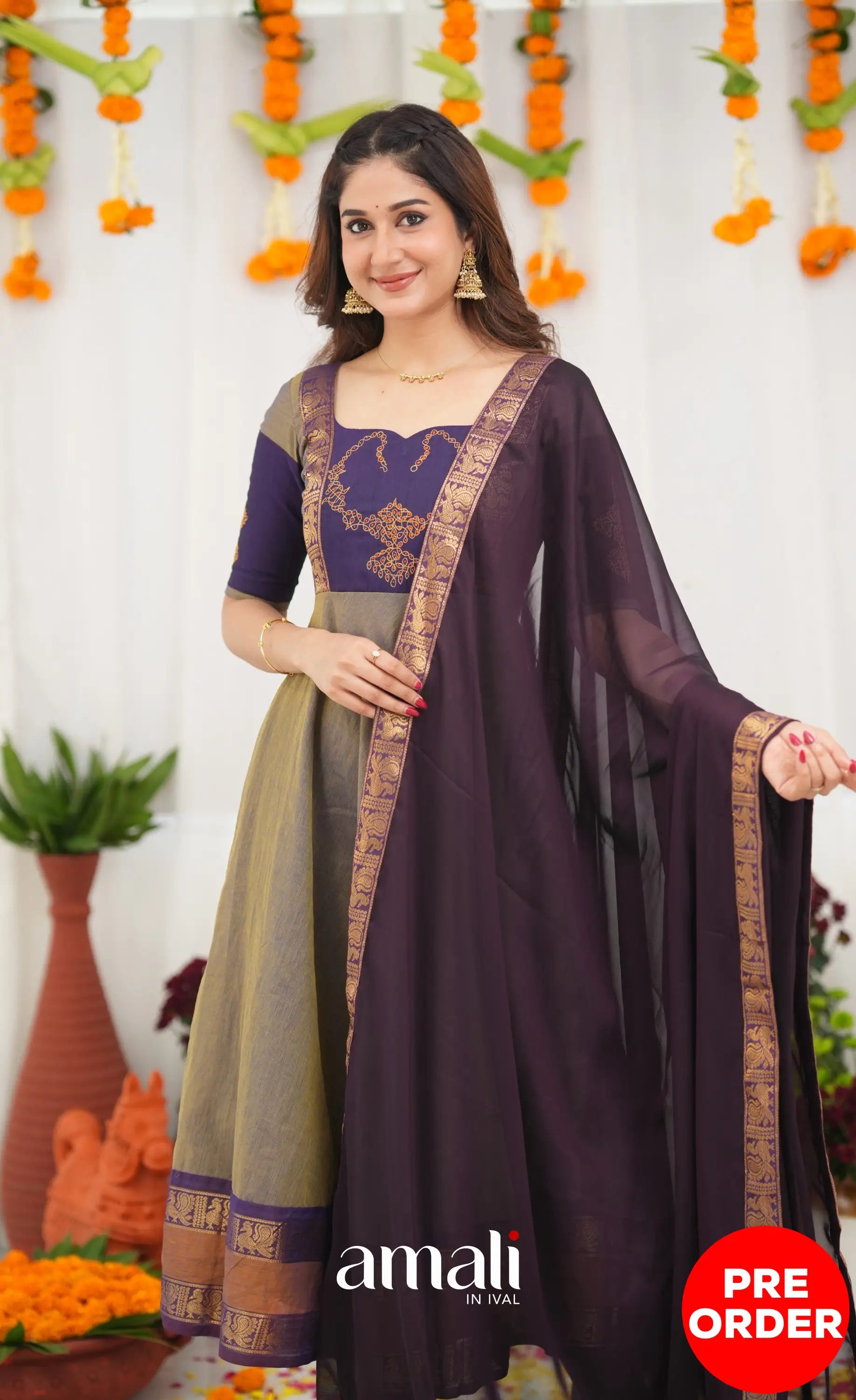 Chettinad Cotton Anarkali - Brownish Grey and Dark Plum Anarkalis