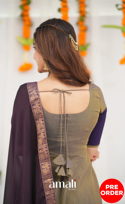 Chettinad Cotton Anarkali - Brownish Grey and Dark Plum Anarkalis
