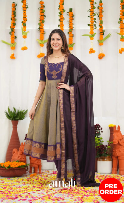 Chettinad Cotton Anarkali - Brownish Grey and Dark Plum Anarkalis