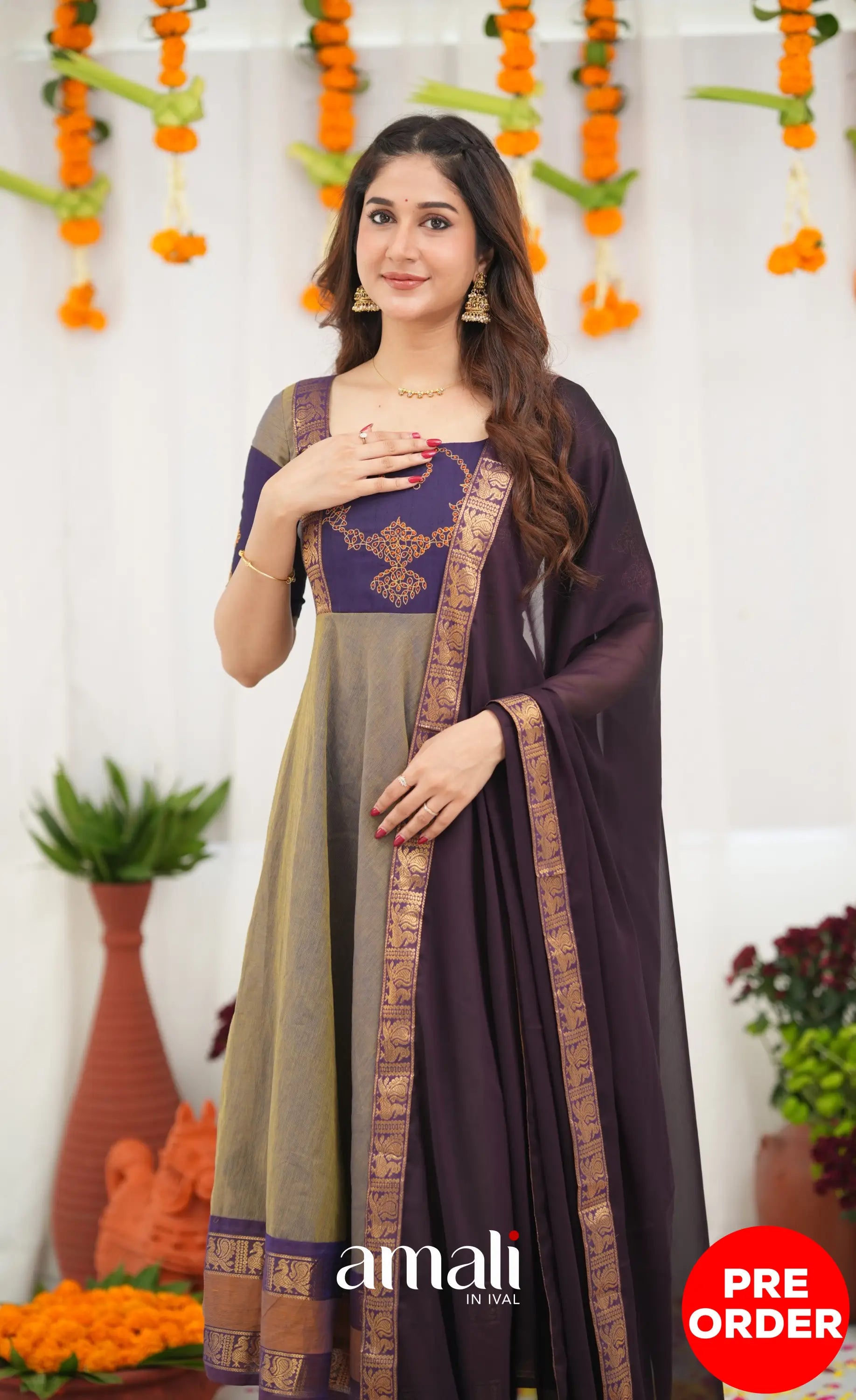 Chettinad Cotton Anarkali - Brownish Grey and Dark Plum Anarkalis