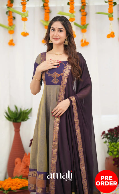 Chettinad Cotton Anarkali - Brownish Grey and Dark Plum Anarkalis