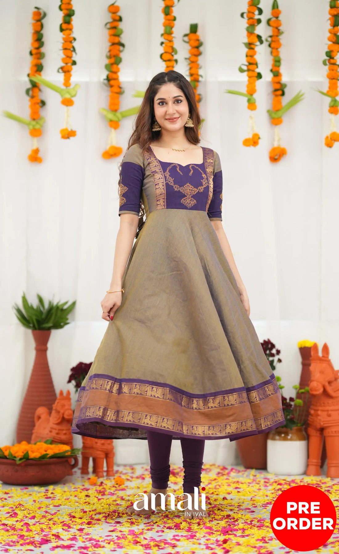 Chettinad Cotton Anarkali - Brownish Grey and Dark Plum Anarkalis