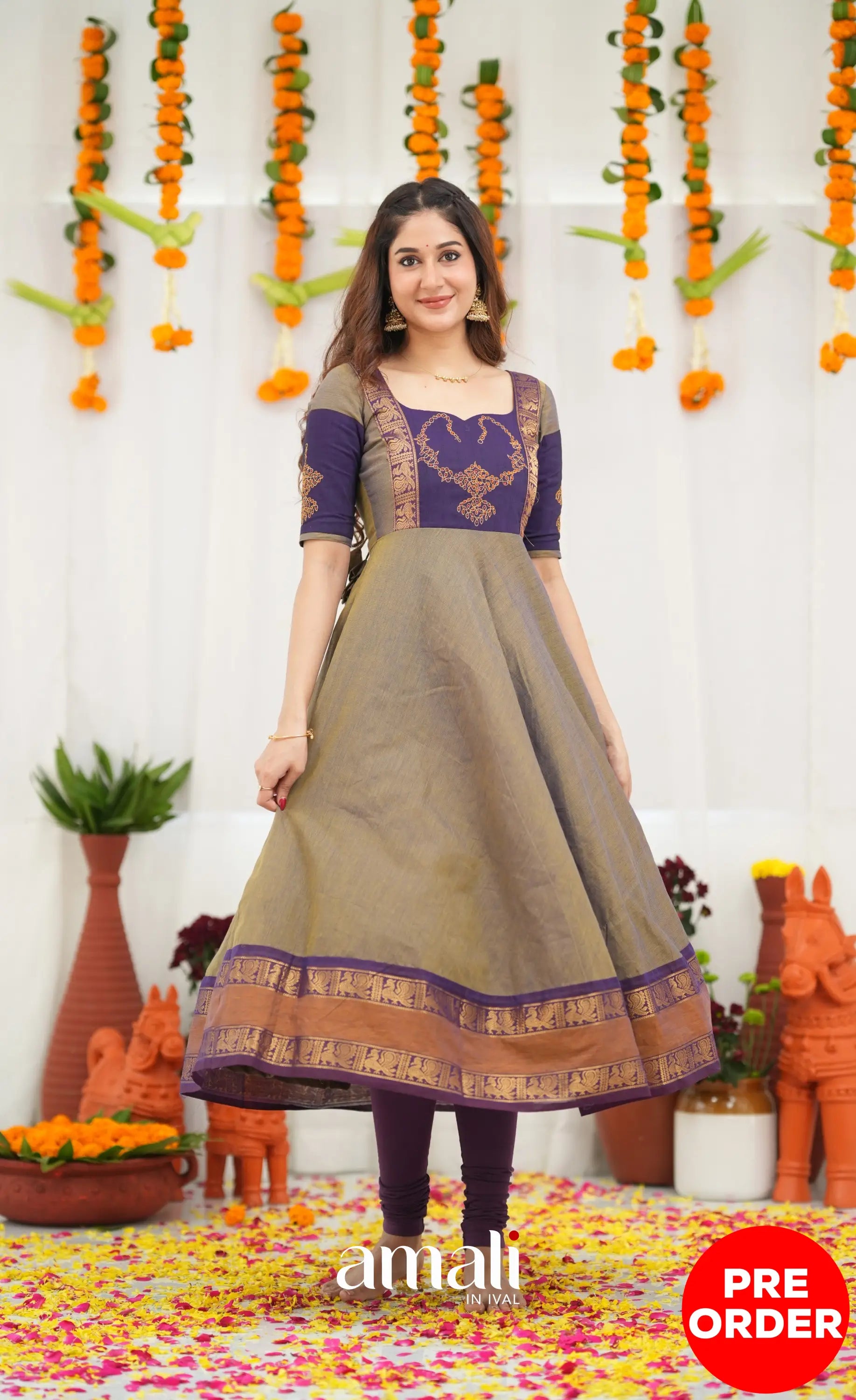 Chettinad Cotton Anarkali - Brownish Grey and Dark Plum Anarkalis