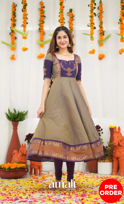 Chettinad Cotton Anarkali - Brownish Grey and Dark Plum Anarkalis