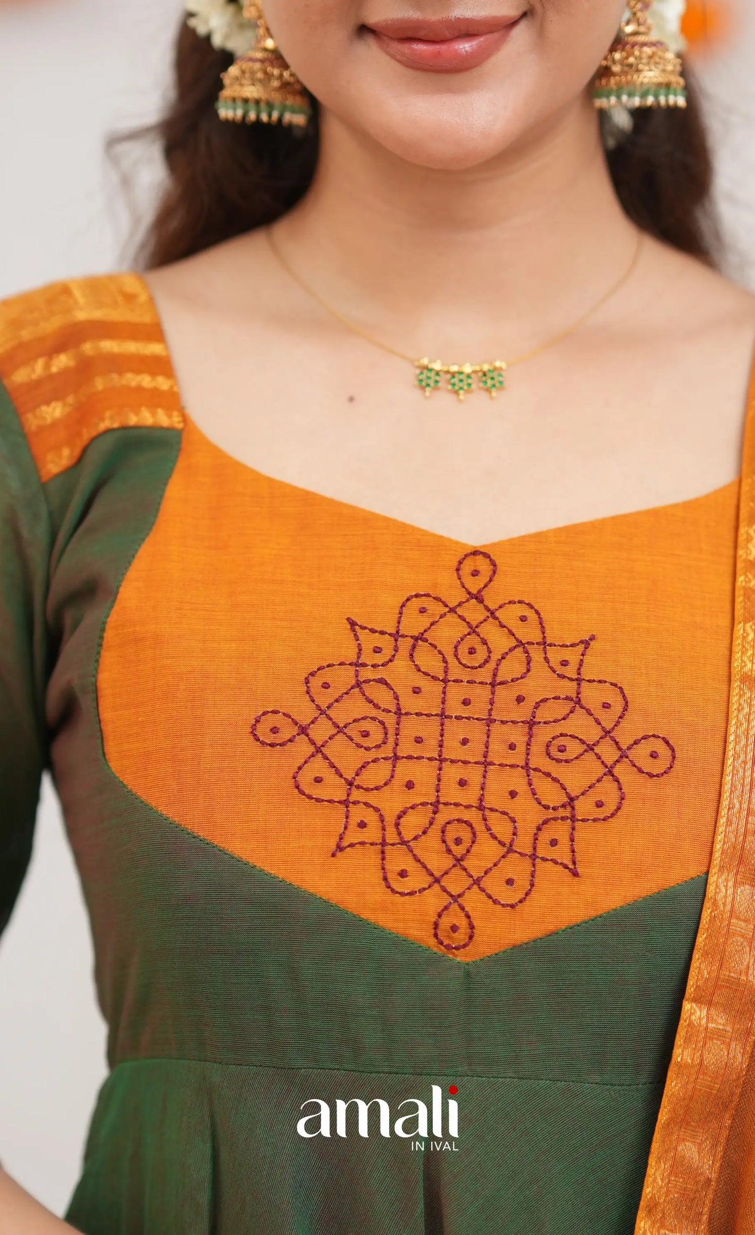 Chettinad Cotton Anarkali - Dark Green and Mustard Orange Anarkalis