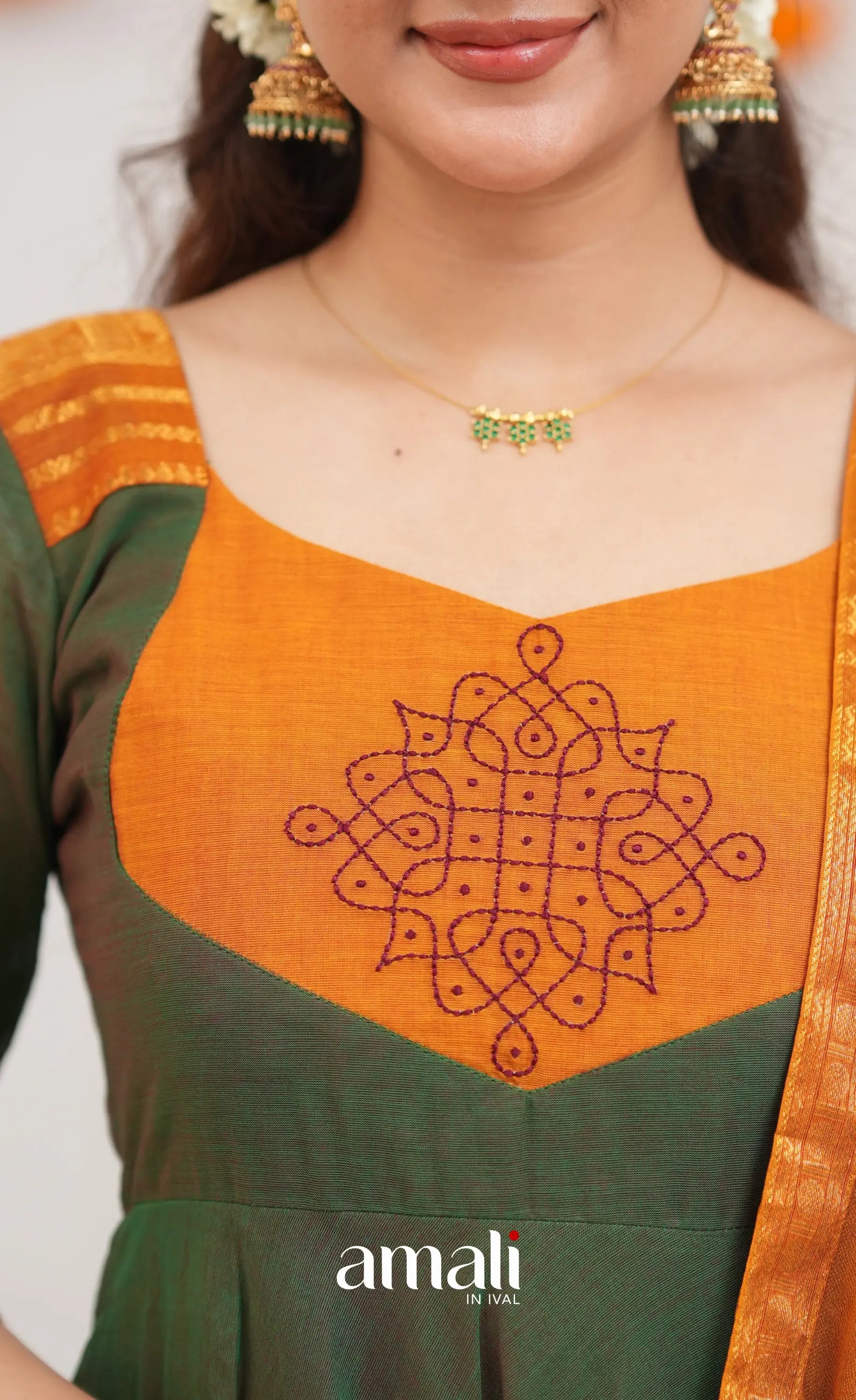 Chettinad Cotton Anarkali - Dark Green and Mustard Orange Anarkalis
