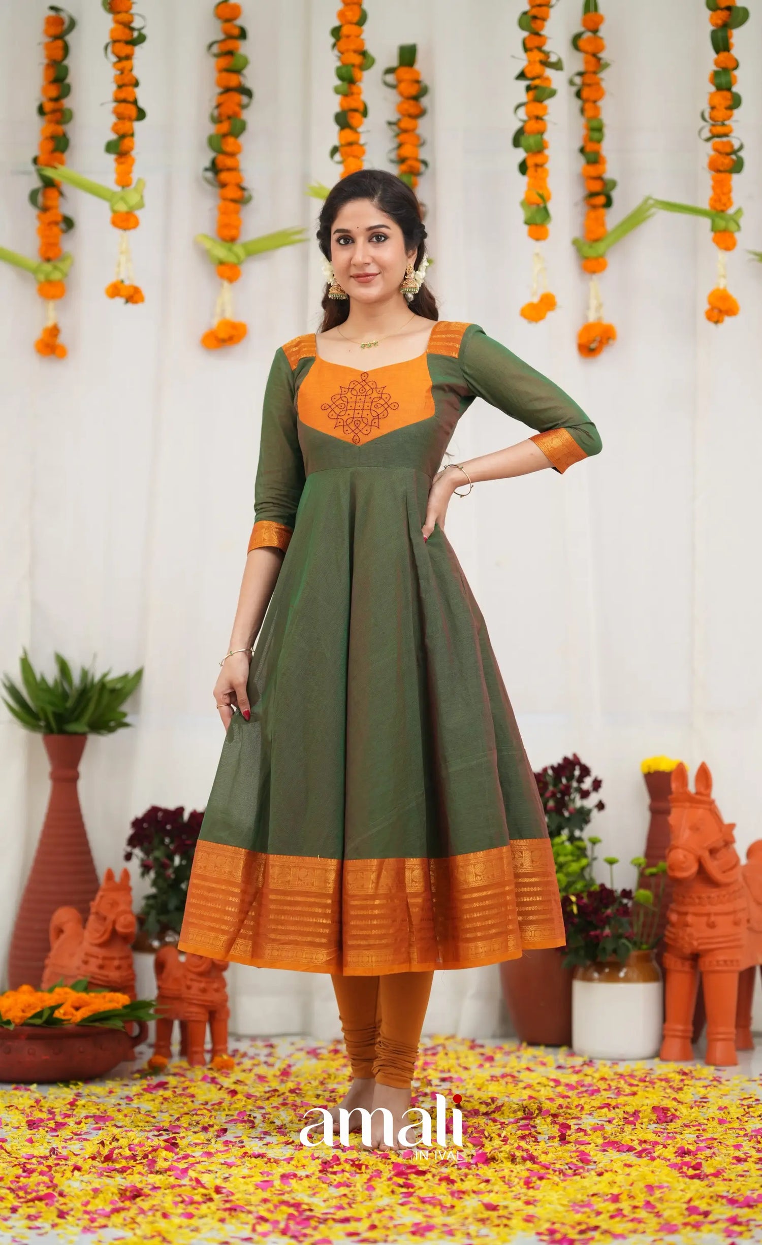 Chettinad Cotton Anarkali - Dark Green and Mustard Orange Anarkalis