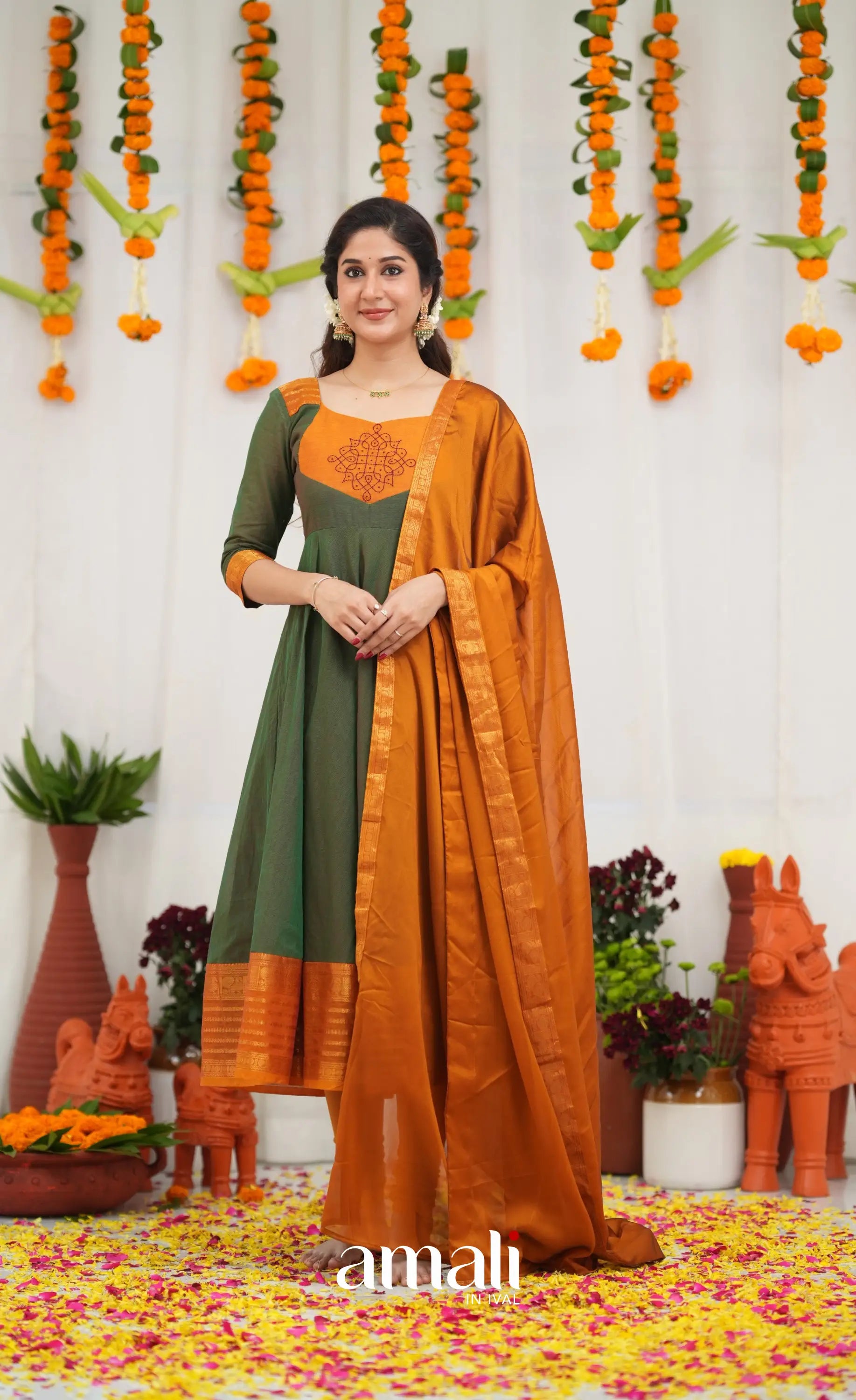 Chettinad Cotton Anarkali - Dark Green and Mustard Orange Anarkalis