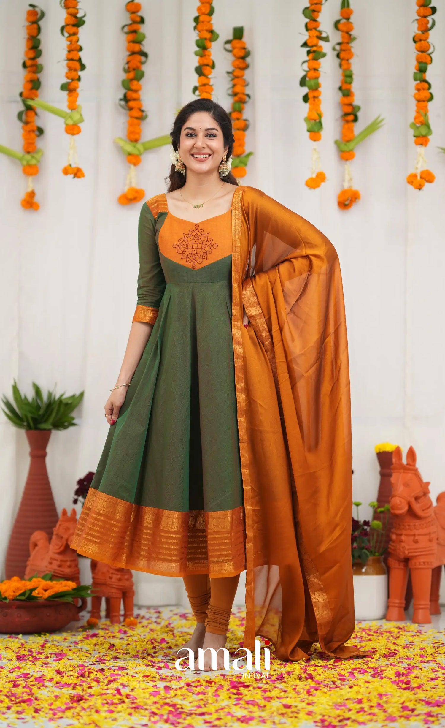 Chettinad Cotton Anarkali - Dark Green and Mustard Orange Anarkalis