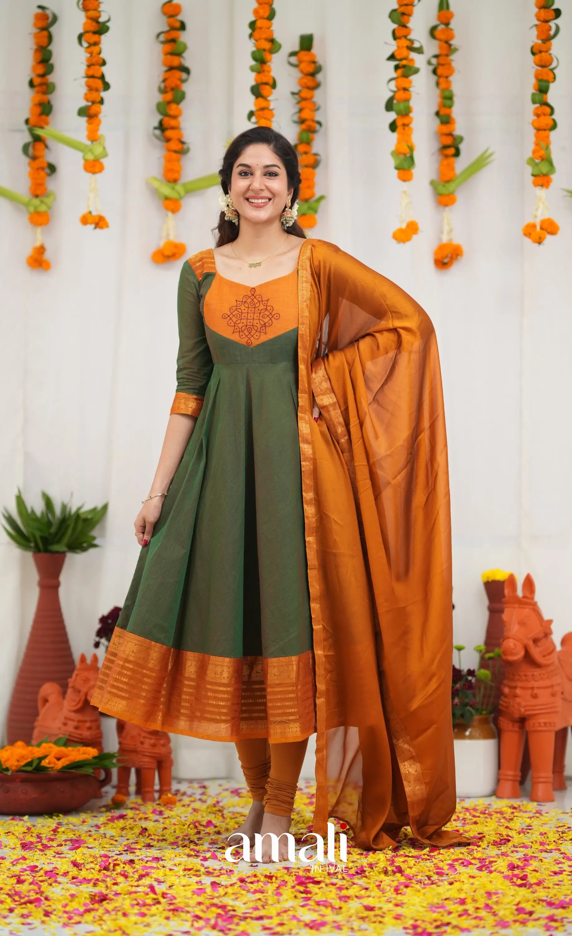 Chettinad Cotton Anarkali - Dark Green and Mustard Orange Anarkalis