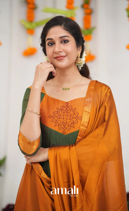 Chettinad Cotton Anarkali - Dark Green and Mustard Orange Anarkalis