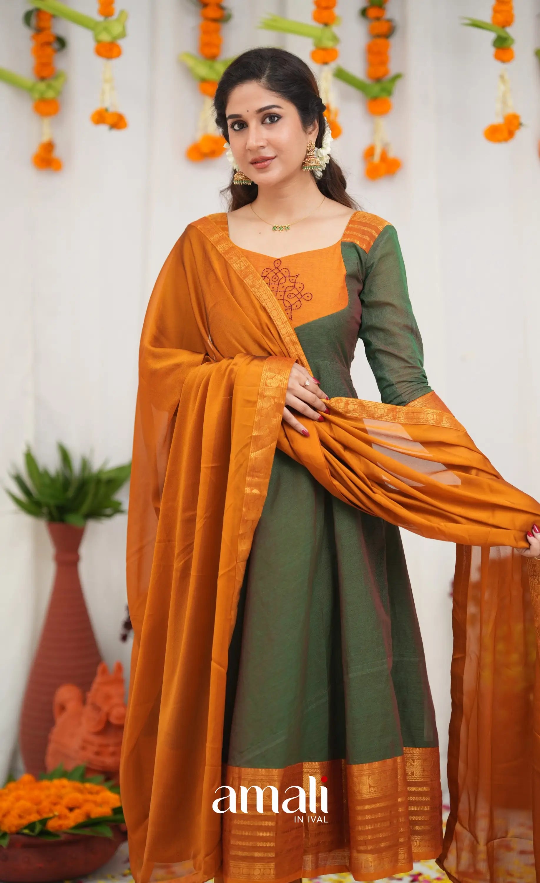 Chettinad Cotton Anarkali - Dark Green and Mustard Orange Anarkalis