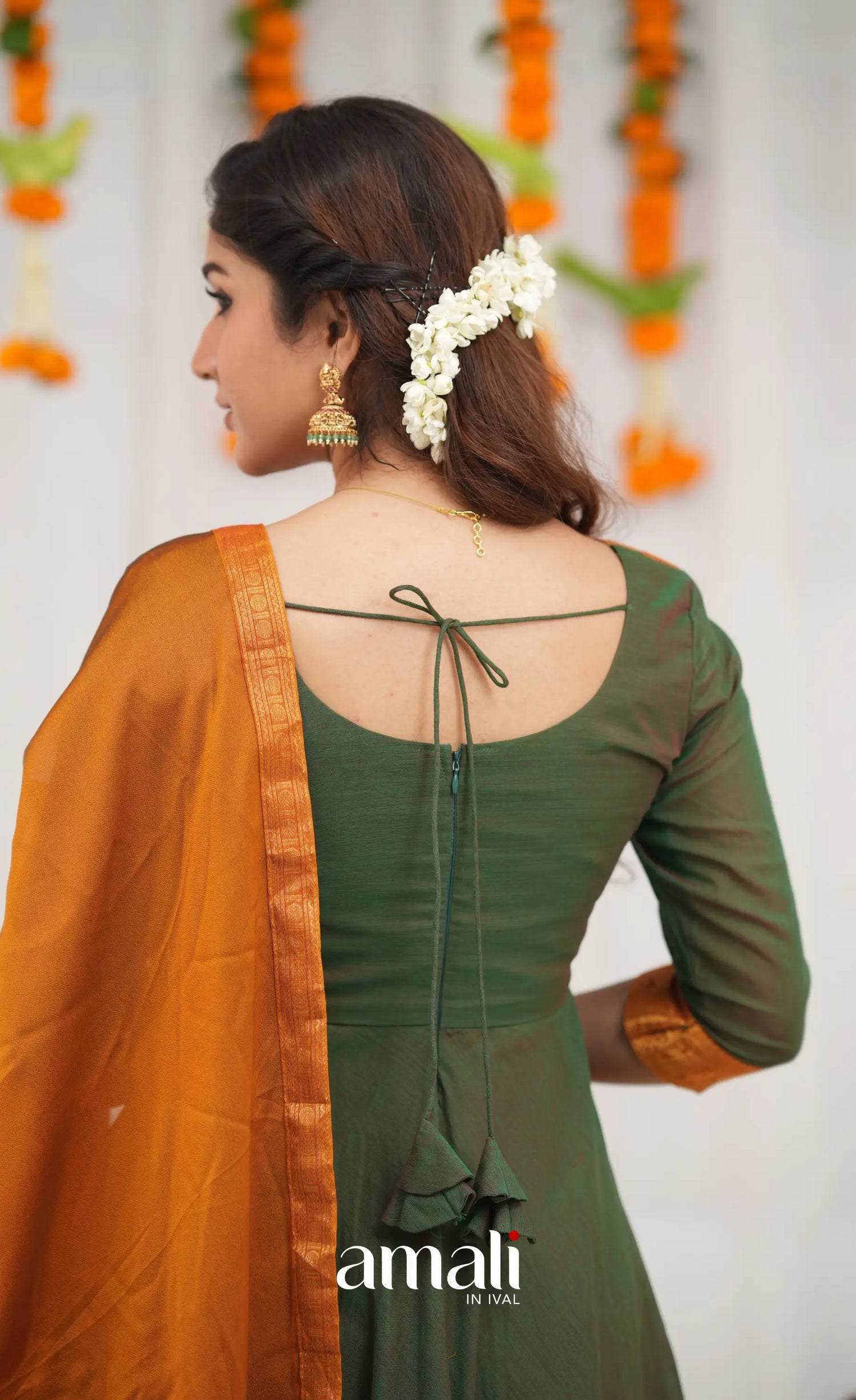 Chettinad Cotton Anarkali - Dark Green and Mustard Orange Anarkalis