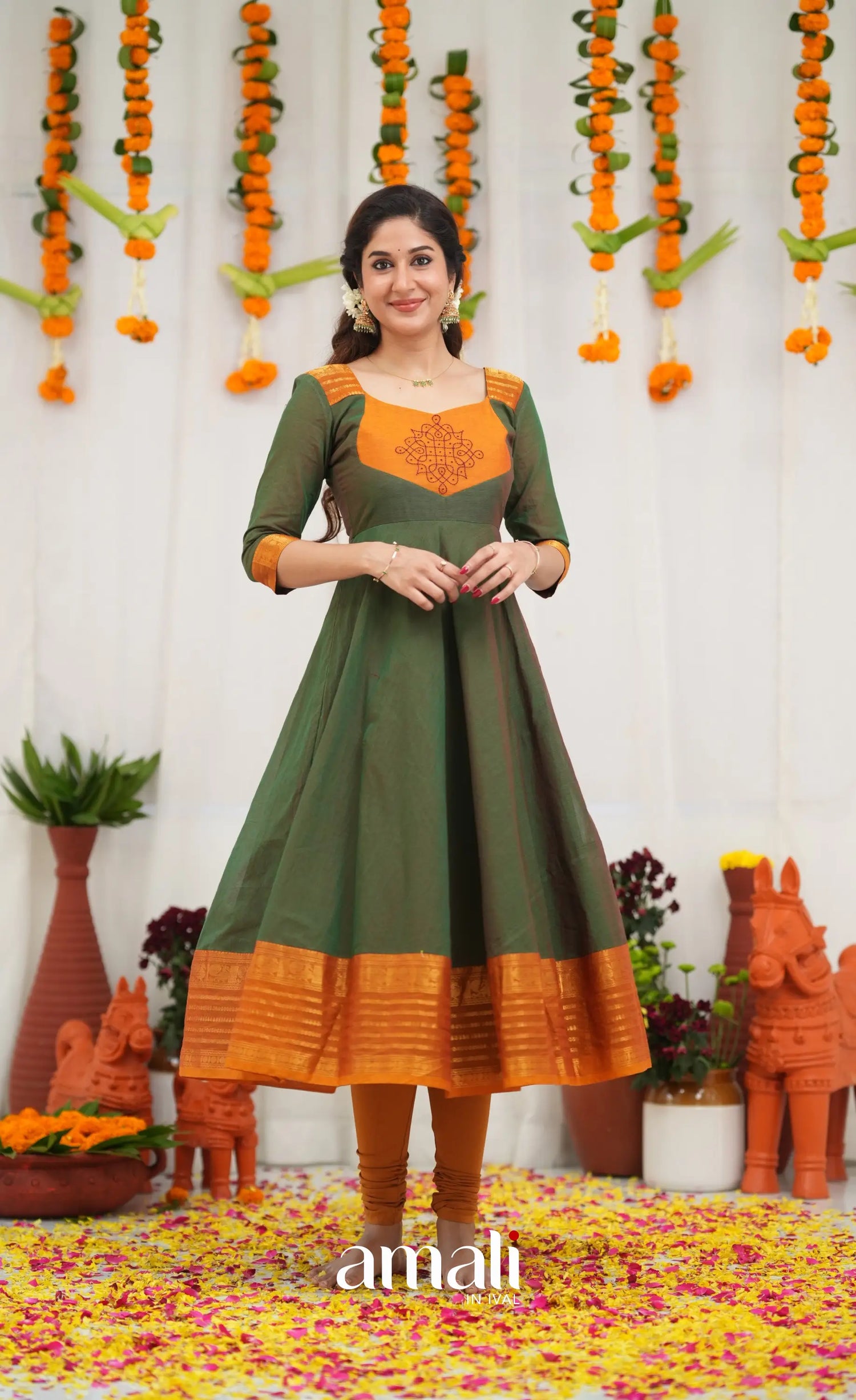 Chettinad Cotton Anarkali - Dark Green and Mustard Orange Anarkalis