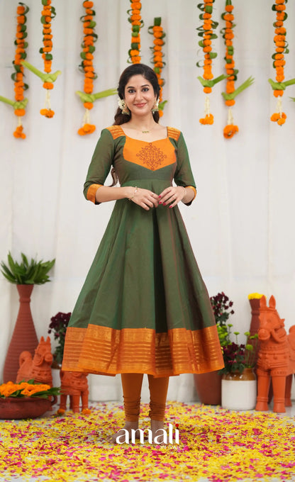 Chettinad Cotton Anarkali - Dark Green and Mustard Orange Anarkalis
