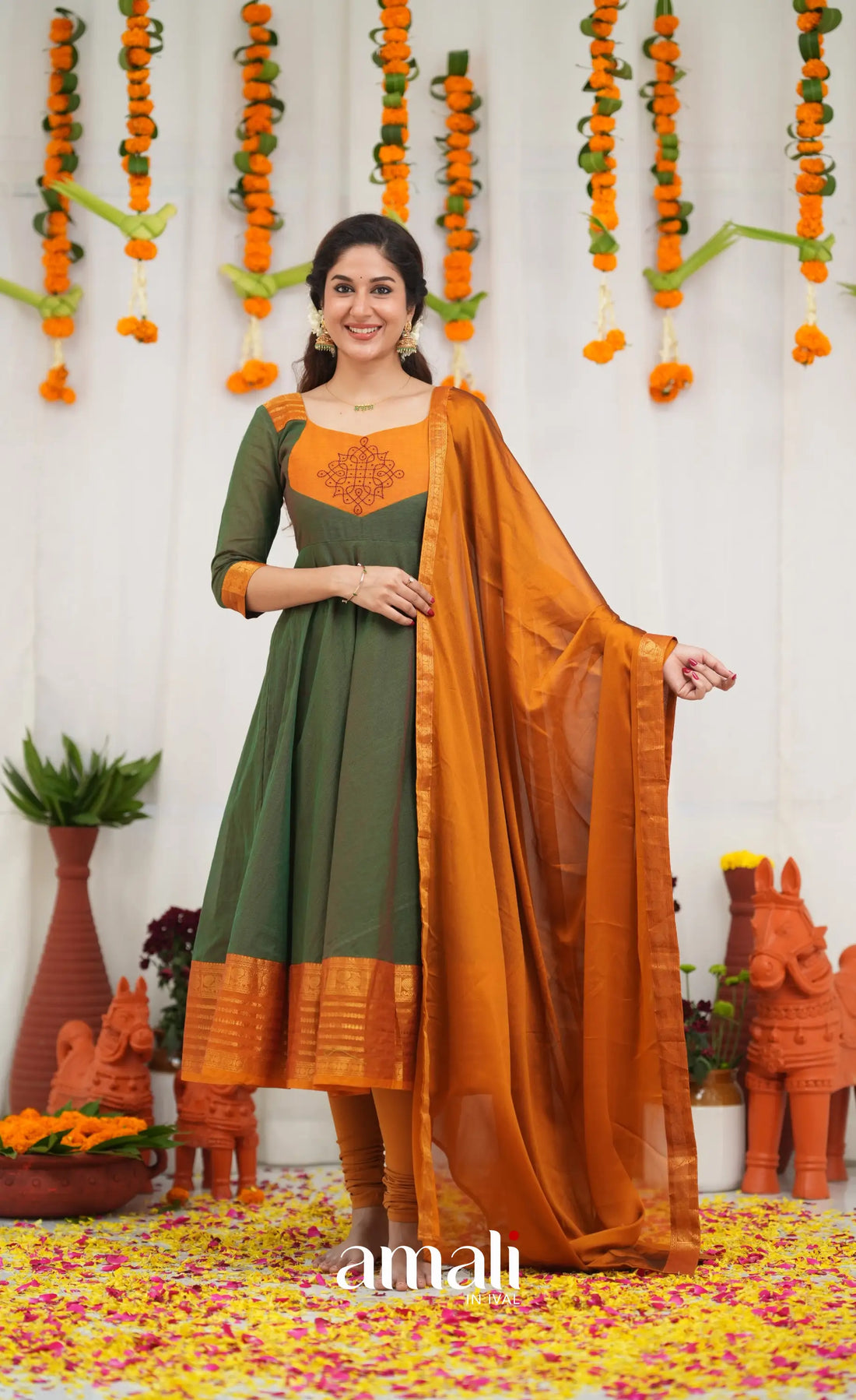 Chettinad Cotton Anarkali - Dark Green and Mustard Orange Anarkalis