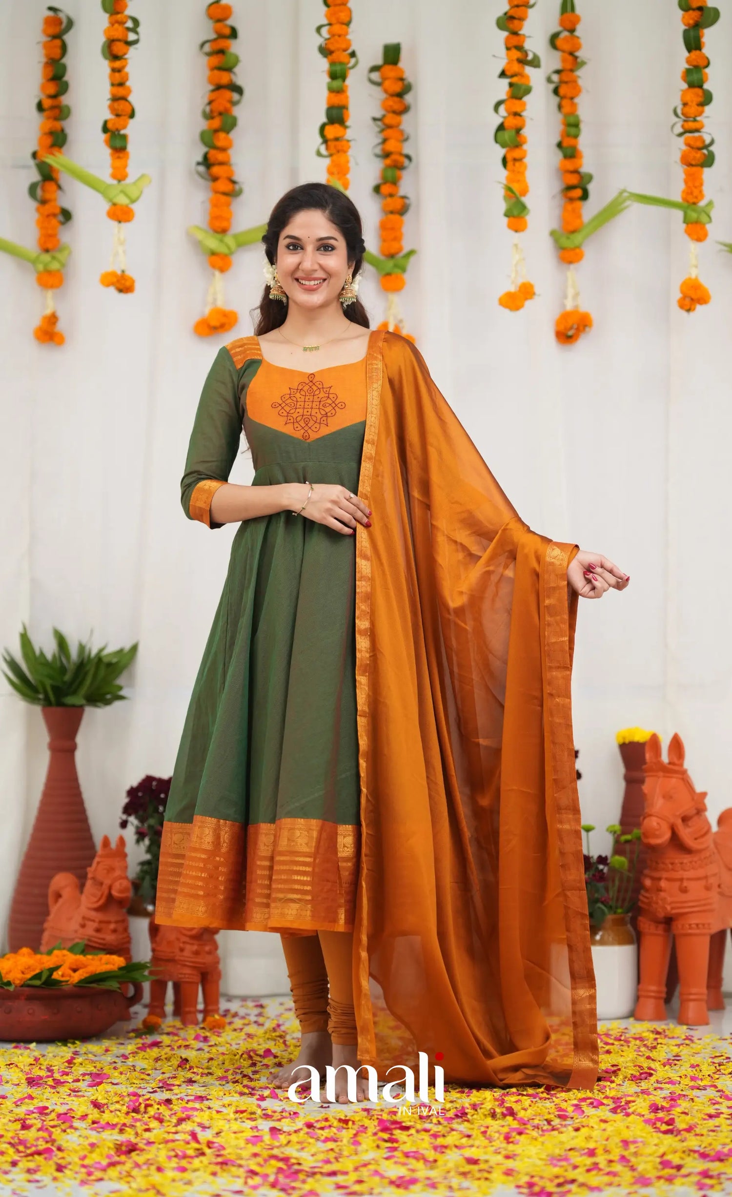 Chettinad Cotton Anarkali - Dark Green and Mustard Orange Anarkalis