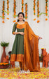 Chettinad Cotton Anarkali - Dark Green and Mustard Orange Anarkalis