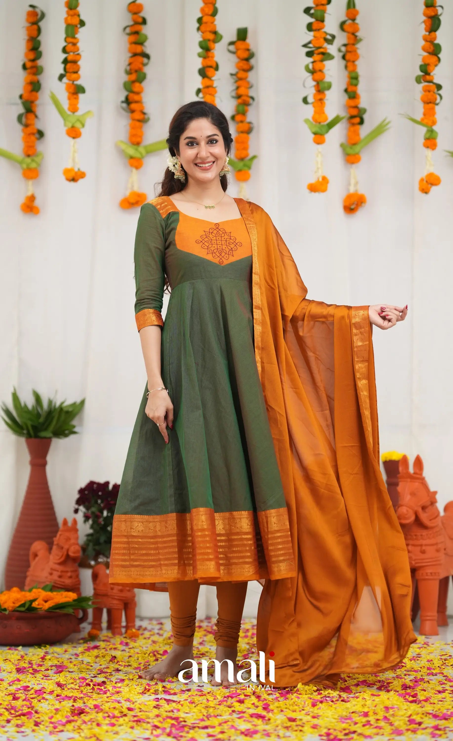 Chettinad Cotton Anarkali - Dark Green and Mustard Orange Anarkalis