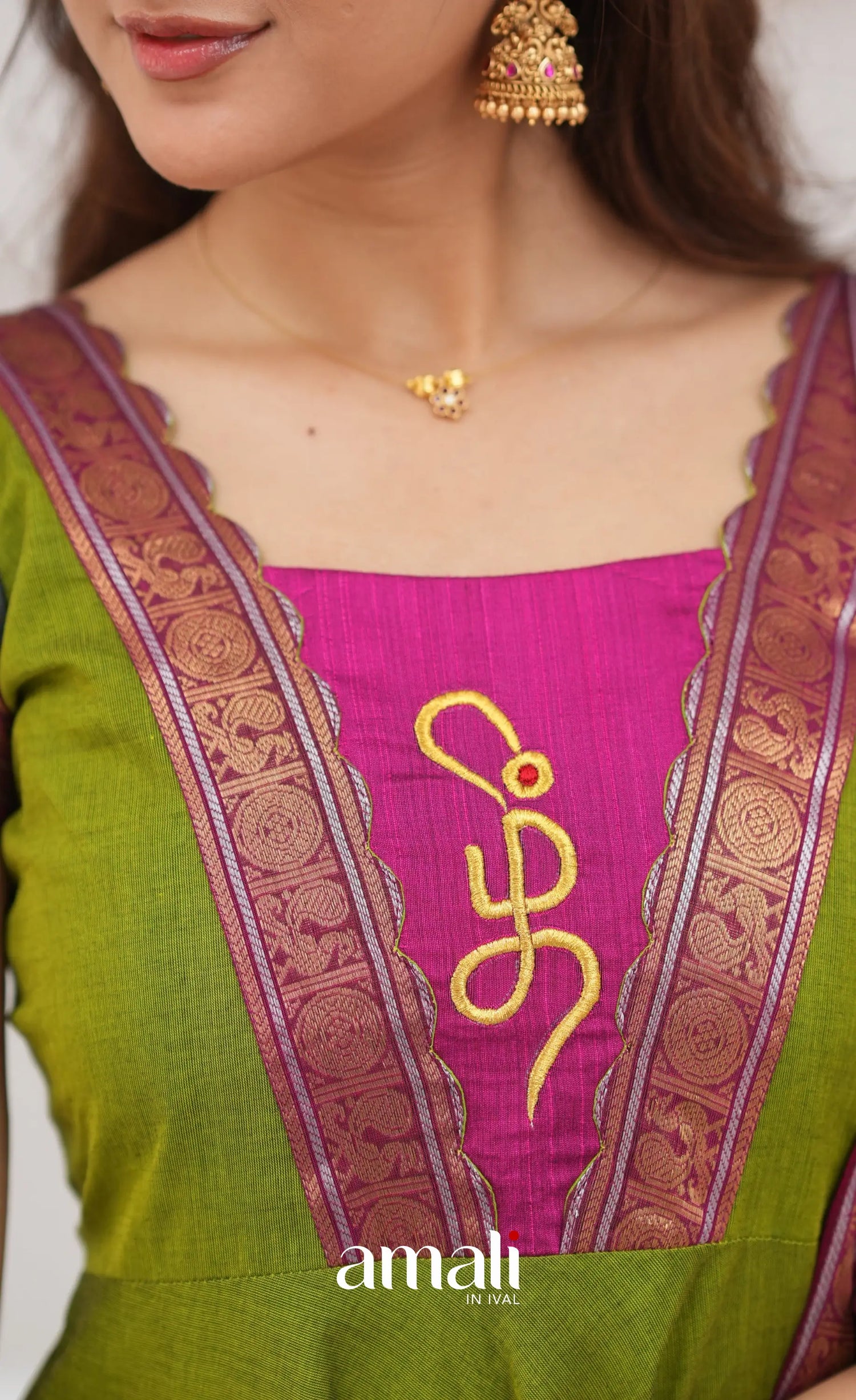 Chettinad Cotton Anarkali - Leaf Green and Magenta Pink Anarkalis