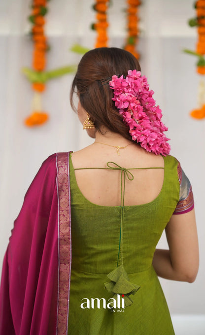 Chettinad Cotton Anarkali - Leaf Green and Magenta Pink Anarkalis