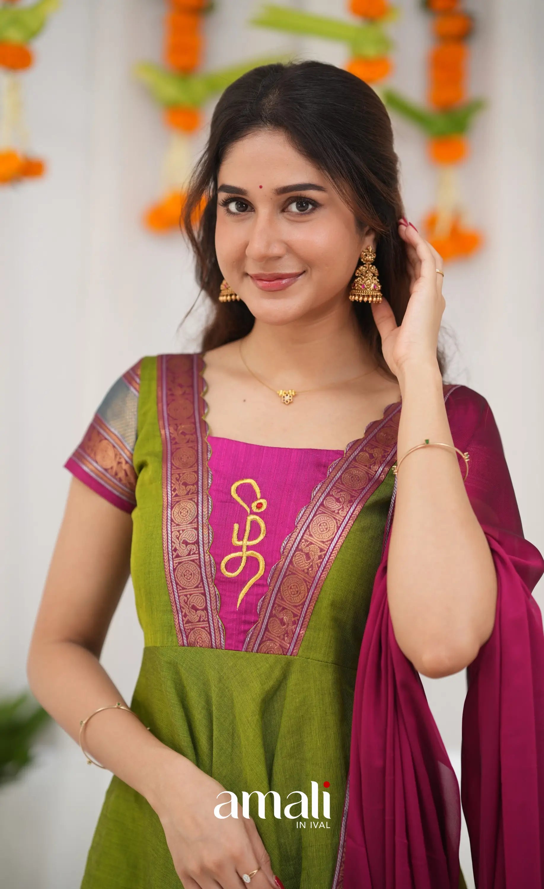 Chettinad Cotton Anarkali - Leaf Green and Magenta Pink Anarkalis