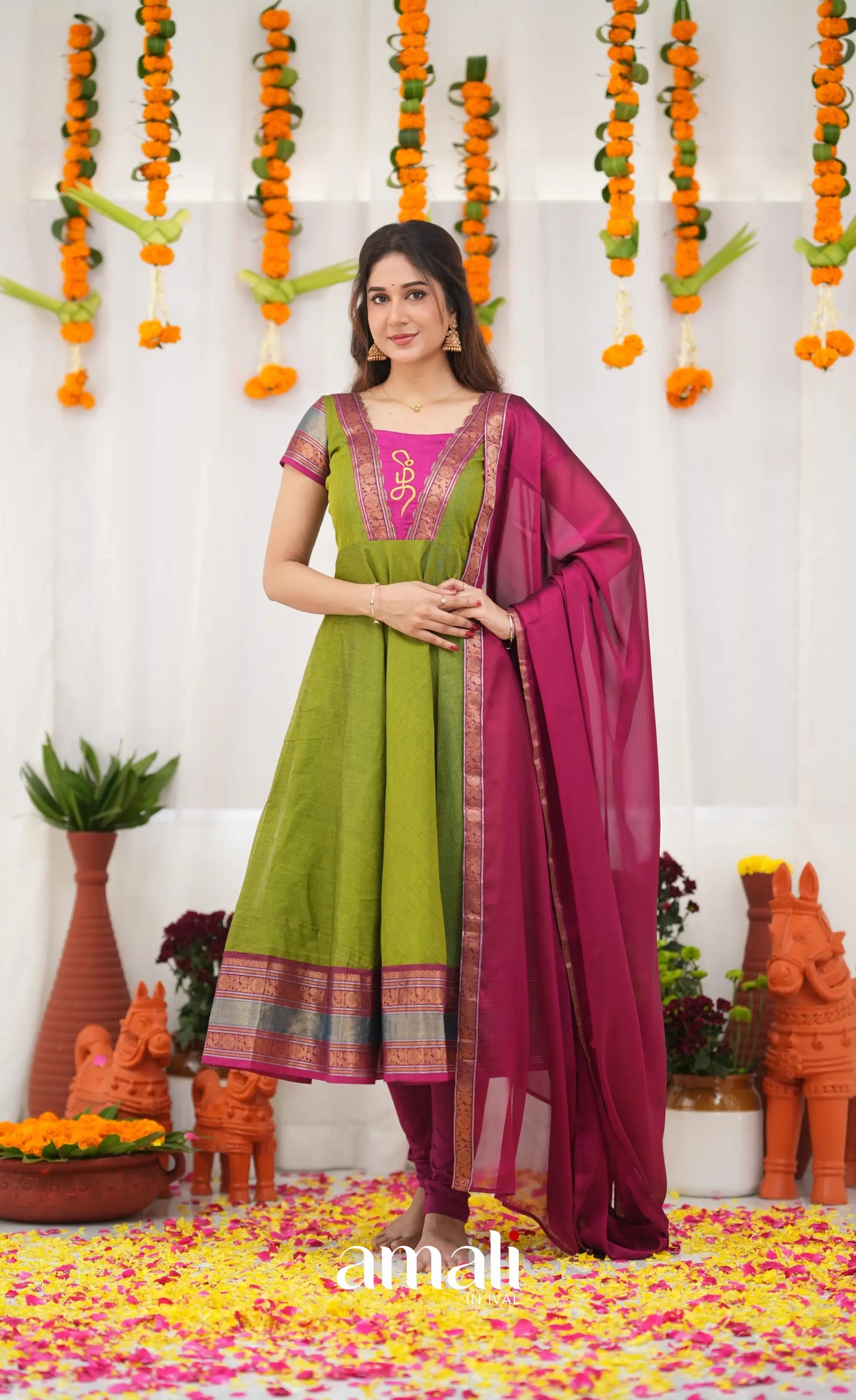 Chettinad Cotton Anarkali - Leaf Green and Magenta Pink Anarkalis
