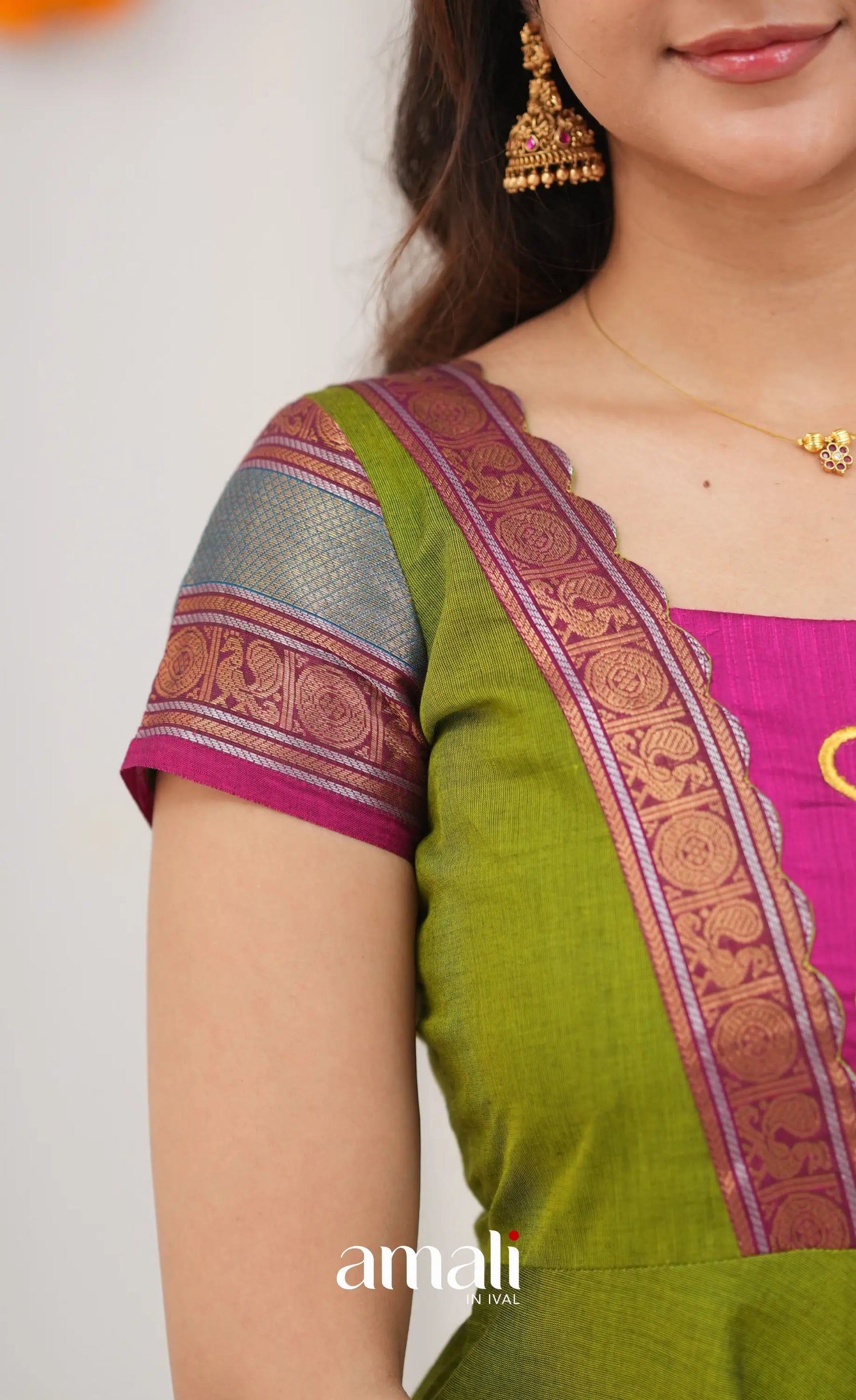 Chettinad Cotton Anarkali - Leaf Green and Magenta Pink Anarkalis