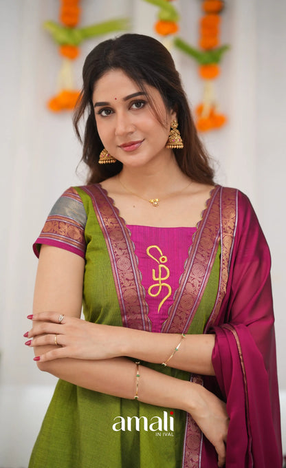 Chettinad Cotton Anarkali - Leaf Green and Magenta Pink Anarkalis