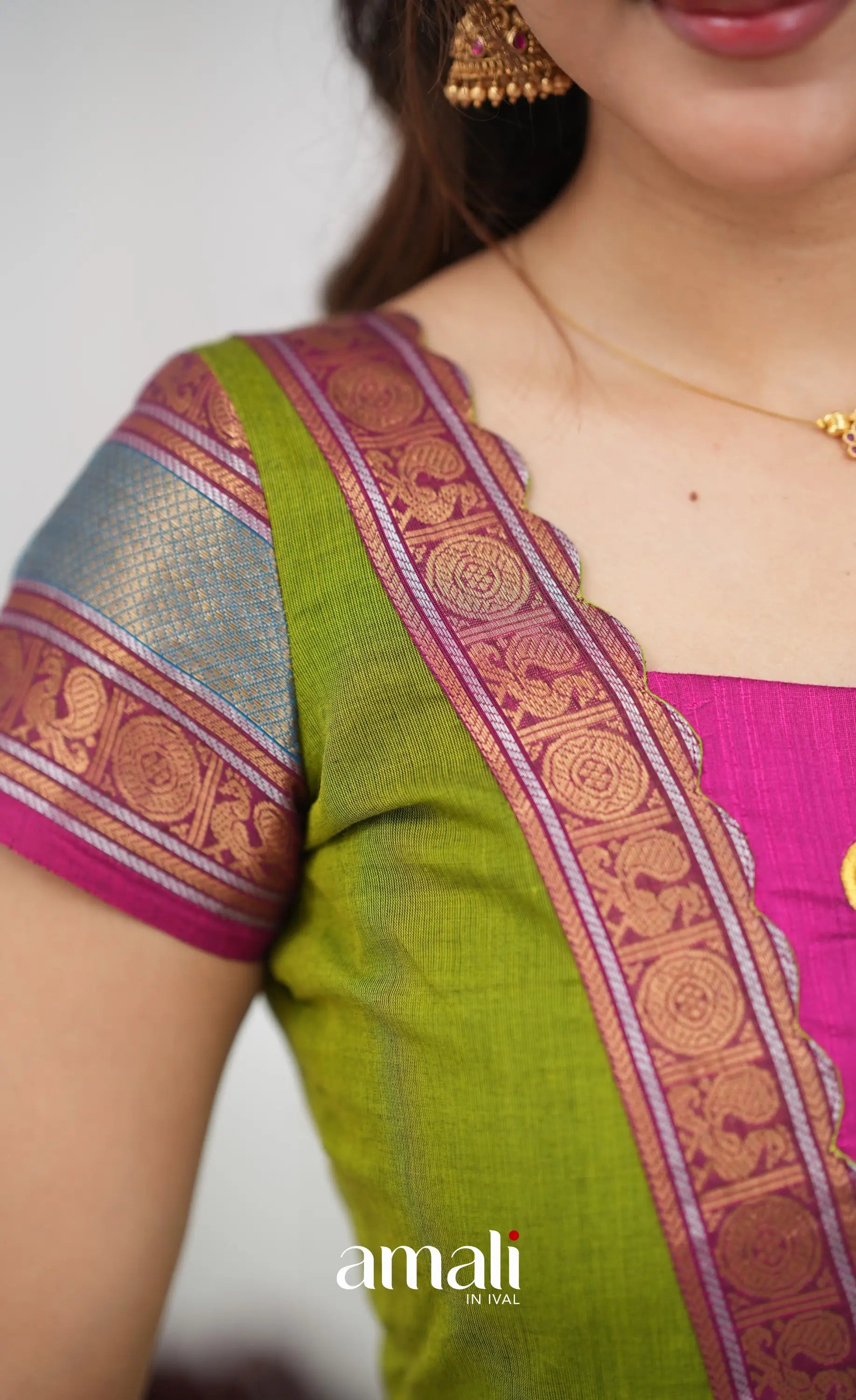 Chettinad Cotton Anarkali - Leaf Green and Magenta Pink Anarkalis