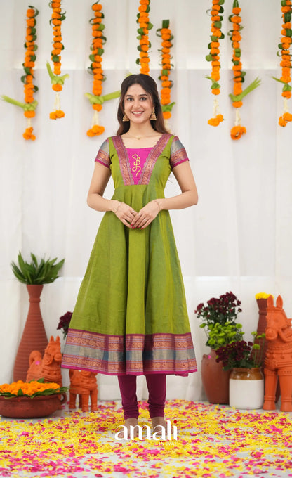 Chettinad Cotton Anarkali - Leaf Green and Magenta Pink Anarkalis