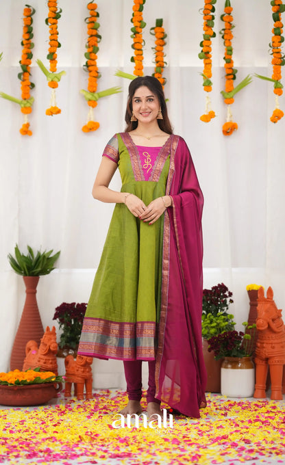 Chettinad Cotton Anarkali - Leaf Green and Magenta Pink Anarkalis