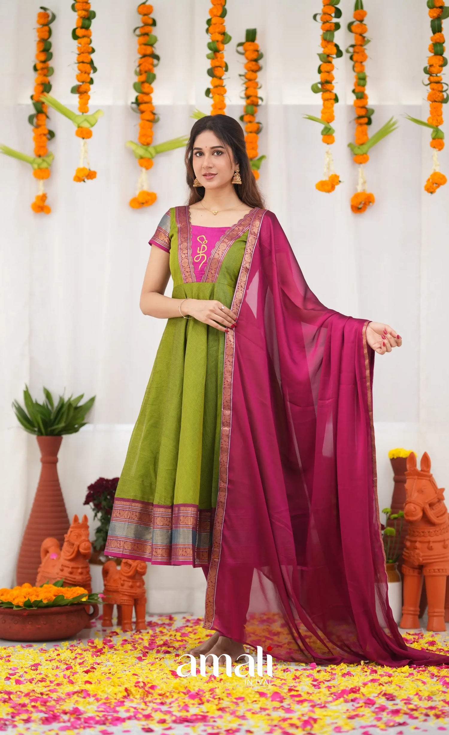 Chettinad Cotton Anarkali - Leaf Green and Magenta Pink Anarkalis