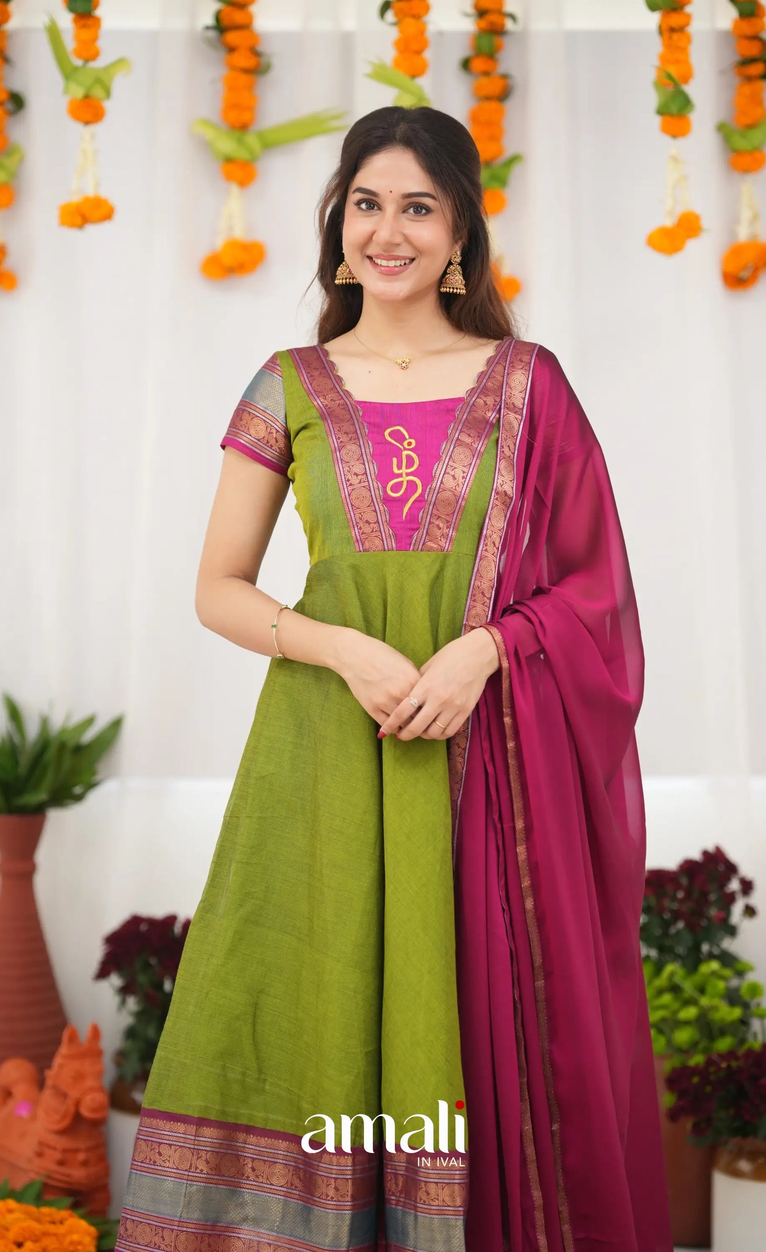 Chettinad Cotton Anarkali - Leaf Green and Magenta Pink Anarkalis