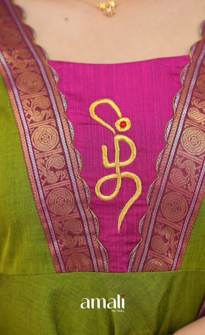 Chettinad Cotton Anarkali - Leaf Green and Magenta Pink Anarkalis