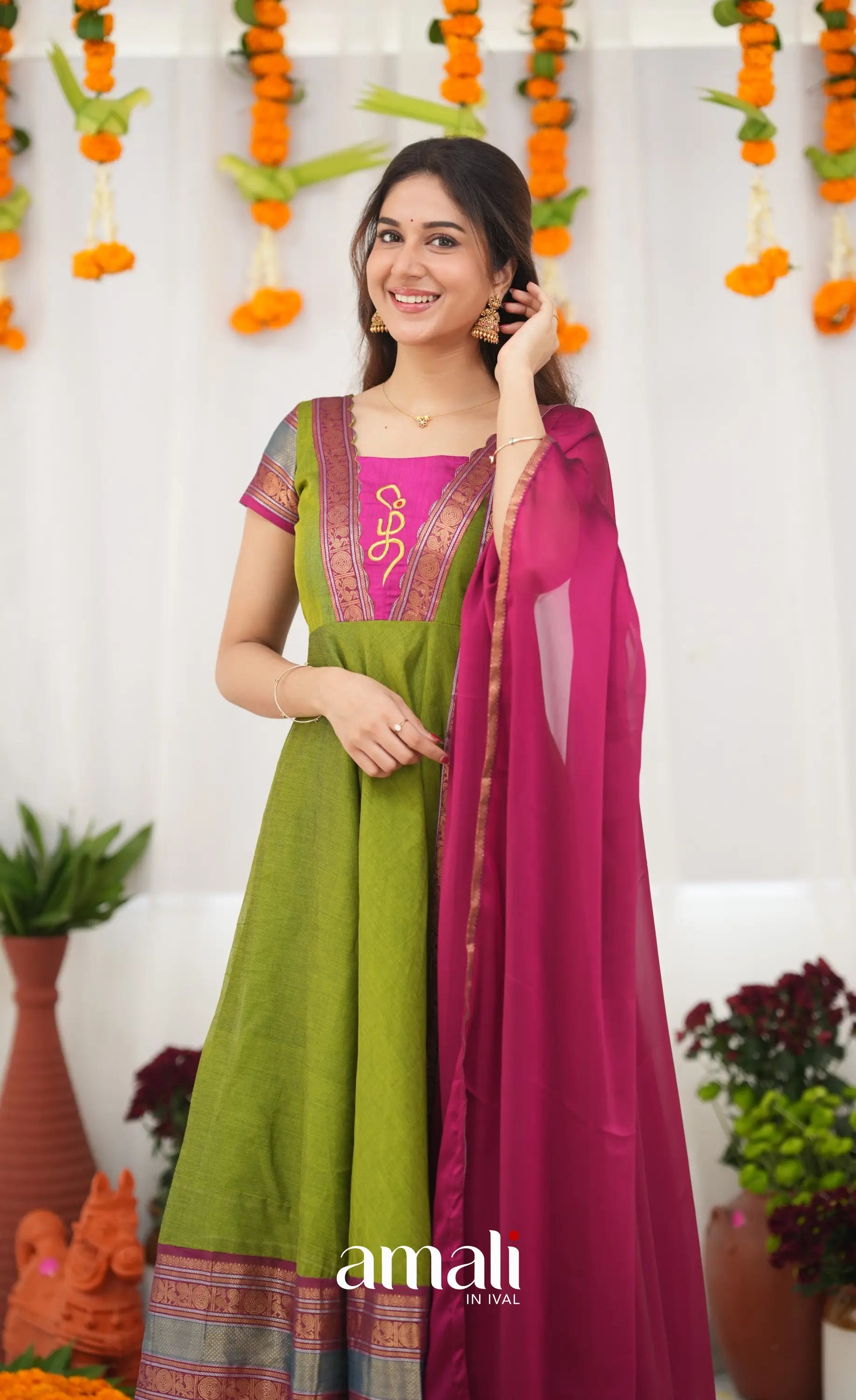 Chettinad Cotton Anarkali - Leaf Green and Magenta Pink Anarkalis